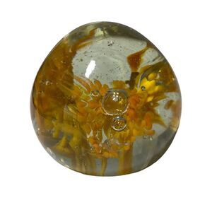 Round Paperweight Hand Blown Glass Yellow Controlled Bubble 2 5/8" Used